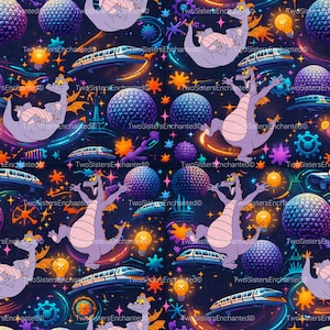 May include: A repeating pattern on a dark blue background featuring purple dragons, geodesic spheres, monorail trains, glowing yellow light bulbs, and colorful starbursts. The text TwoSistersEnchanted is repeated throughout the design.