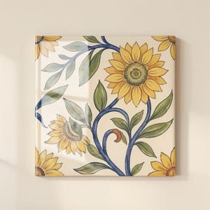 Piastrelle in maiolica italiana con girasoli in giallo e blu / Ceramica floreale in maiolica mediterranea per paraschizzi della cucina o pareti decorative