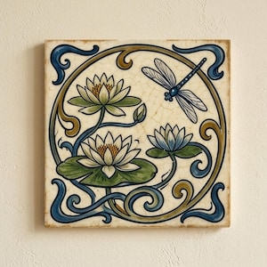May include: A square ceramic tile featuring a hand-painted design of white water lilies with green leaves and a blue dragonfly. The artwork is enclosed within a circular border of swirling blue and gold lines against a cream crackle glaze background.