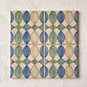May include: A set of four square ceramic tiles arranged in a grid, featuring a repeating geometric pattern of elongated oval shapes in shades of blue, green, and beige on an off-white background, with small diamond accents at the intersections.