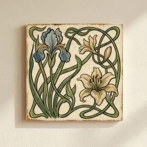 May include: A square ceramic tile featuring a cream-colored background with a fine crackle glaze. The design displays a blue iris and a pale yellow lily, both connected by flowing, intertwined green stems and leaves across the entire surface.