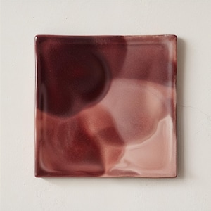 Burgundy Reactive Glaze Tile in Blush Pink Tones | Wabi-sabi ceramic wall accent with oxblood-to-blush ombre