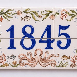 Coastal Octopus House Number Sign, Nautical Ceramic Address Plaque, Octopus Door Number Tile, Beach Cottage Outdoor House Sign
