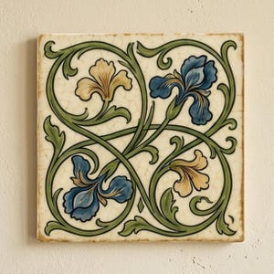 May include: A square ceramic tile with a cream-colored background featuring a crackled glaze finish. The surface displays a symmetrical pattern of intertwined green vines and leaves, accented by two blue iris flowers and two pale yellow iris flowers.