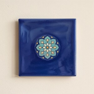 Moroccan Patchwork Tiles in Cobalt & Turquoise | Cobalt blue ceramic wall tile with turquoise medallion for kitchen or bath