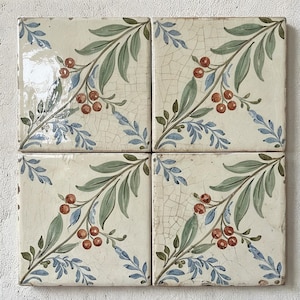 Ivory Berry Vine Tile | Rustic Tuscan maiolica look with sage leaves and red berries on ivory glaze