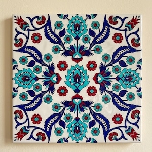 Traditional Iznik Floral Ceramic Tile, Turkish Ottoman Wall Art, Blue Red Symmetrical Decor