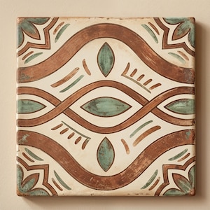 May include: A square ceramic tile featuring a cream-colored background with a symmetrical pattern of interlocking brown curved lines and teal leaf-shaped accents. The design includes small brown and teal dashes arranged in a geometric layout.