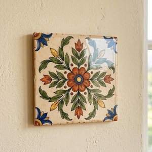 Aged Floral Ceramic Tile, Tuscan Farmhouse Wall Decor, Rustic Spanish Botanical Art