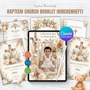 Livret pour le programme de baptême de l'église, modèle Canva modifiable avec un motif bohème pampa