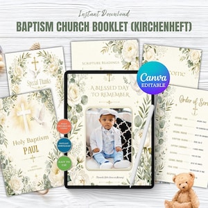 Programme de baptême, livret Rose Blanche avec modèle Canva modifiable