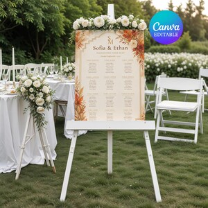 Puede incluir: Un cartel rectangular de distribución de mesas de boda sobre un caballete blanco, con ilustraciones florales de otoño en naranja, marrón y crema. El texto dice Sofia & Ethan, Please Find Your Seat, October Eighteenth, 2025, con nombres.