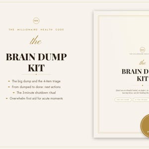 Może przedstawiać: Kremowy dokument zatytułowany The Brain Dump Kit od The Millionaire Health Code. Zawiera sekcje takie jak The big dump and the 4-item triage, From dumped to done: next actions, The 3-minute shutdown ritual oraz Overwhelm first aid.