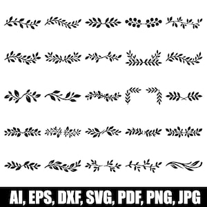 Könnte beinhalten: Eine Sammlung von fünfundzwanzig botanischen Trennelementen als schwarze Silhouetten mit verschiedenen Blatt- und Zweigmustern in einem Raster. Der Text AI, EPS, DXF, SVG, PDF, PNG, JPG steht in weißen Buchstaben auf einem schwarzen Balken.