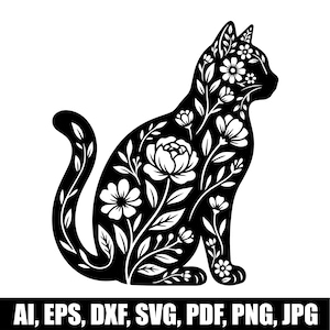 Puede incluir: Una silueta negra de un gato sentado relleno con un patrón floral blanco de varias flores y hojas. Debajo del gato, el texto dice AI, EPS, DXF, SVG, PDF, PNG, JPG. El diseño presenta detalles botánicos intrincados en la forma del felino.