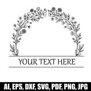 Op de afbeelding: Een zwart-witte digitale afbeelding met een bloemenboog bestaande uit fijne lijntekeningen van bloemen en bladeren. Onder de boog bevindt zich een horizontaal rechthoekig kader met de zwarte tekst YOUR TEXT HERE in een schreeflettertype.