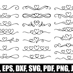 May include: A collection of twenty-one black line art heart dividers and flourishes arranged in a grid. Each design features various swirling patterns and heart shapes. The text AI, EPS, DXF, SVG, PDF, PNG, JPG is printed at the bottom.