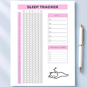 Könnte beinhalten: Ein weißer Schlaf-Tracker-Vordruck mit rosa Kopfzeilen, bestehend aus einem Raster für 31 Tage und Wochentage, einem Bereich für Stunden, einer Liste für Schlafstörungen und einer Illustration einer schlafenden Katze. Der Text lautet SLEEP TRACKER, Hours, What distrub my sleep und FULLY EDITABLE IN CANVA.