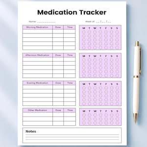 Printbare wekelijkse medicatietracker, bewerkbaar Canva-medicatieschema, ochtend-, middag- en avondpillogboek met dosis en tijdstip, zorgverlenersoverzicht
