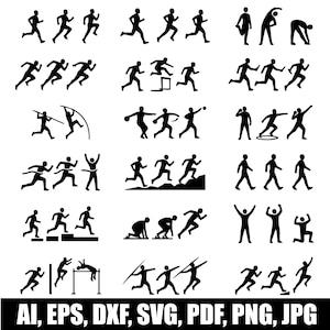May include: A collection of black silhouette icons depicting various track and field athletic activities, including running, jumping, throwing, and celebrating. The text AI, EPS, DXF, SVG, PDF, PNG, JPG is displayed at the bottom of the image.