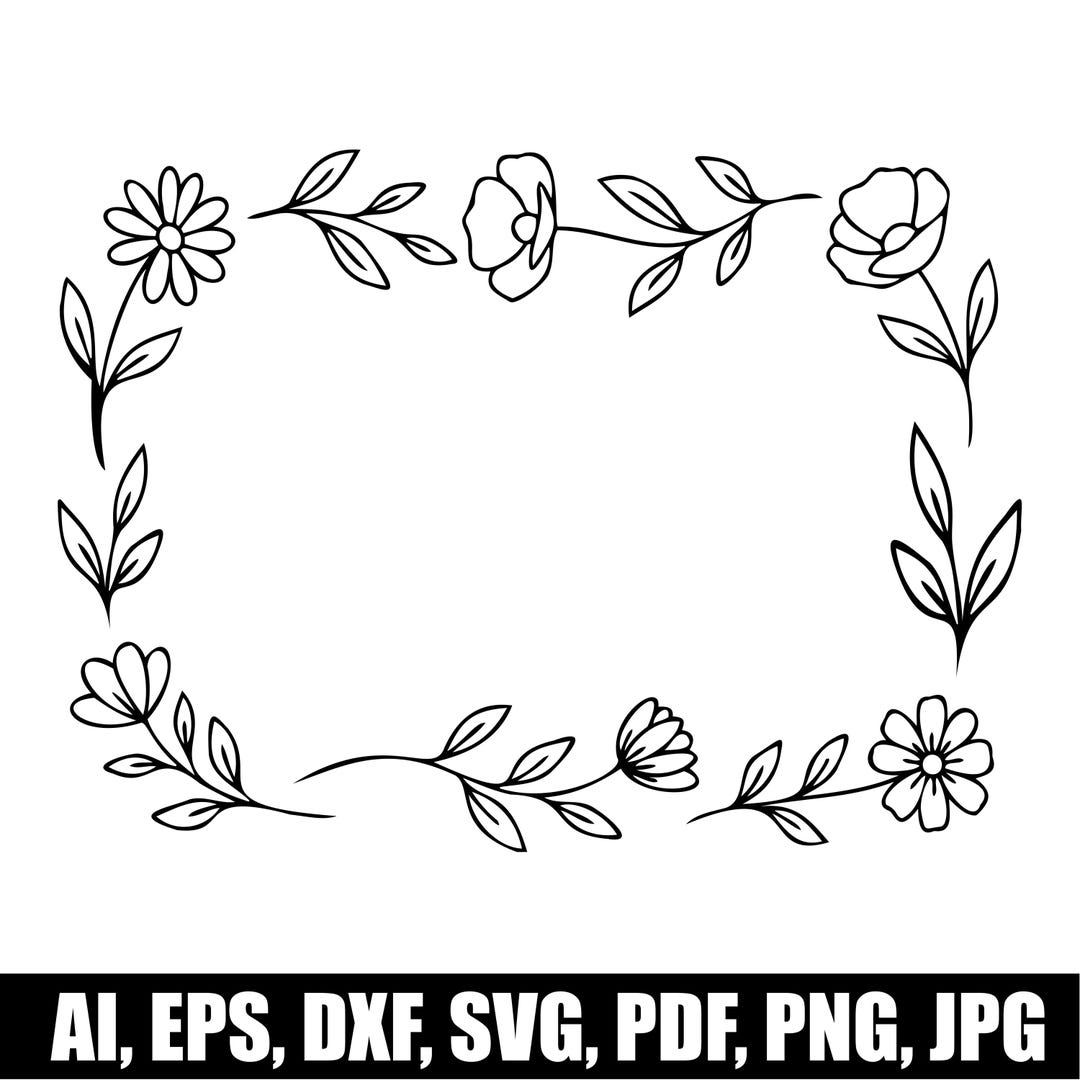 Floral Frame SVG, Rectangle Flower Border Clipart, Hand Drawn Style ...