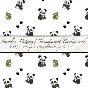 Pode incluir: Um padrão sem costuras com pandas de desenho animado, folhas de monstera verdes e pegadas pretas num fundo branco. A imagem inclui o texto: Seamless Pattern / Transparent Background PNG / 300 dpi / 4000 x 4000 pixels.