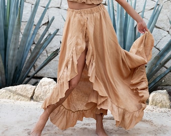 Linen Skirt Ruffle Maxi Skirt Tulum Clothing Open Slit Skirt Flowy Linen Skirt Frayed Boho Maxi Skirt Linen Circle Skirt High-Waisted Skirt