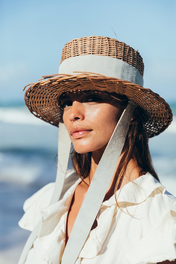 Boho Straw Beach Hat Vintage Fedora With Black Leather  display picture 3