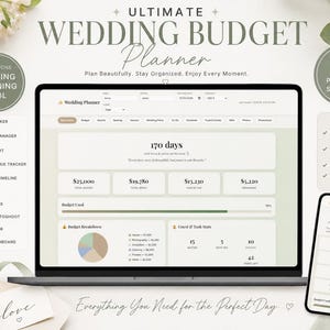 May include: A digital wedding budget planner displayed on a laptop and smartphone screen. The interface features sections for budget tracking, guest lists, seating charts, and vendor management with a clean, neutral color palette and text.