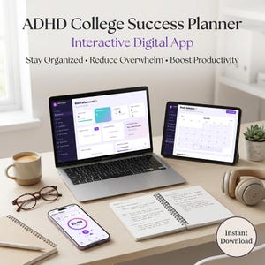 Può includere: App digitale interattiva ADHD College Success Planner visualizzata sullo schermo di un portatile e di un tablet. L'interfaccia mostra una dashboard e un programma di studio. Uno smartphone mostra un timer, insieme a un taccuino, occhiali e cuffie.