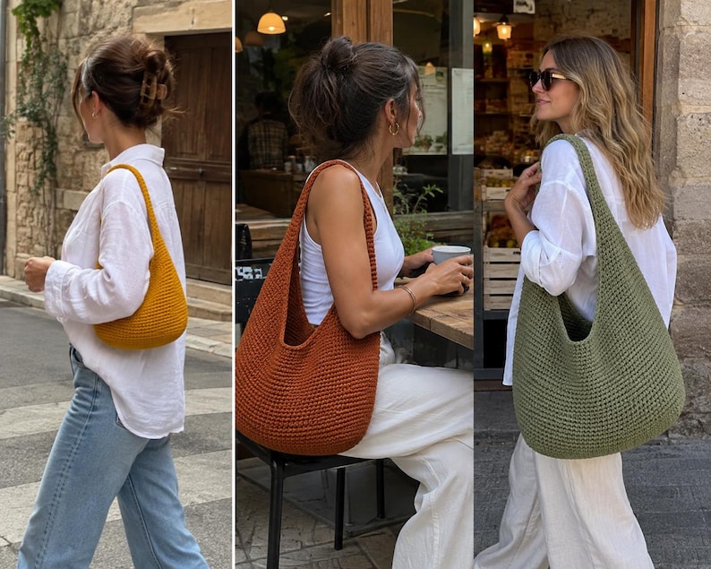 May include: A collection of three crochet hobo bags in mustard yellow, burnt orange, and olive green. Each bag features a crescent-shaped silhouette with a single integrated shoulder strap and a dense, textured knit pattern made from yarn.
