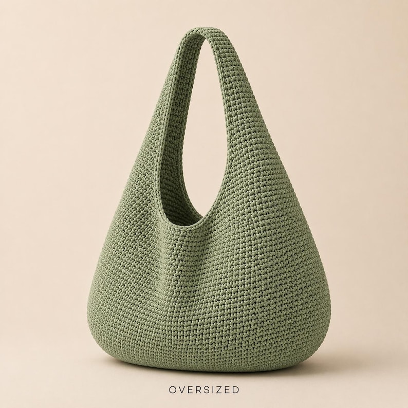 May include: An oversized sage green crochet hobo bag with a single integrated shoulder strap and a dense, textured stitch pattern. The word OVERSIZED is printed in small, dark capital letters centred below the base of the bag.