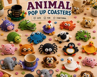 May include: A collection of 30 crocheted animal-shaped coasters featuring various creatures like a turtle, elephant, spider, and frog. The text 30 IN 1 ANIMAL POP UP COASTERS is displayed at the top, with small colourful flower accents scattered throughout.