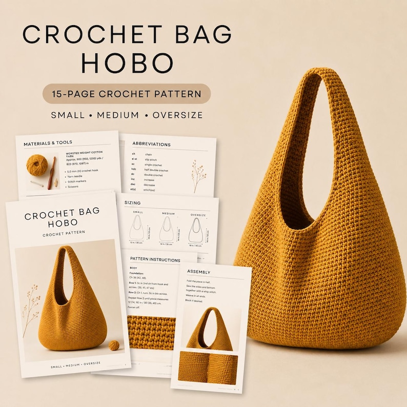 May include: A mustard yellow hobo bag made of crochet fabric with a single shoulder strap. Beside it are several pages of a 15-page crochet pattern document titled Crochet Bag Hobo, which includes sections for materials, tools, abbreviations, and sizing.