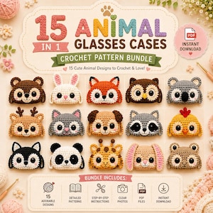 Può includere: Un set di schemi digitali all'uncinetto intitolato 15 ANIMAL GLASSES CASES IN 1, che mostra 15 volti di animali colorati realizzati all'uncinetto, tra cui un orso, un coniglio, una volpe, un gufo, un koala, un cervo, un gatto, un cane e altri.