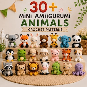 30 i 1 minidjur virkmönsterpaket, elefant, lejon, apa, giraff, tiger, zebra, noshörning, flodhäst, får, ko, kamel, tjur och mer Amigurumi PDF