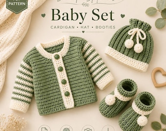 May include: A crochet baby set featuring a sage green and cream cardigan with four buttons, a matching ribbed hat with two cream pom-poms and tie strings, and a pair of booties with cream cuffs and pom-poms. Text reads Sweet Stitches Baby Set.