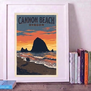 Lámina de Cannon Beach / Atardecer en Haystack Rock, Oregón / Póster de viaje vintage / Arte mural imprimible / Descarga instantánea