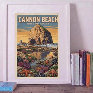 Lámina de Cannon Beach / Haystack Rock y pozas de marea / Costa de Oregón / Arte mural imprimible / Descarga instantánea