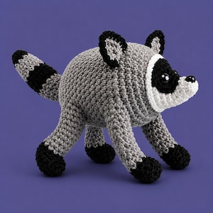 May include: A round, crocheted raccoon plush toy featuring a grey body, black and white facial markings, black ears, and a striped tail. The creature has four legs with black paws, a white muzzle, and small black plastic eyes and nose.