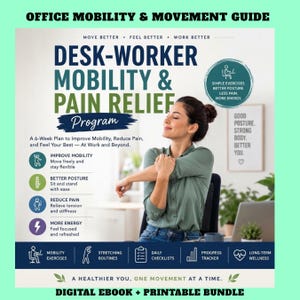 以下が含まれることがあります： Office Mobility & Movement Guide, Desk-Worker Mobility & Pain Relief Programというタイトルのデジタル電子書籍と印刷可能なバンドル。6週間のプラン、モビリティエクササイズ、ストレッチルーチン、毎日のチェックリスト、進捗トラッカーが含まれています。