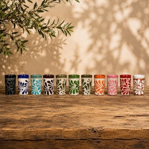 May include: A row of eleven ceramic shot glasses arranged in a line, each featuring a unique hand-painted floral pattern in various colors including blue, turquoise, brown, green, orange, pink, red, and white against a neutral base.