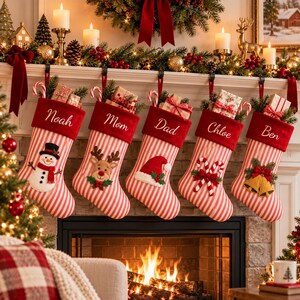 Custom Christmas Stocking with Embroidered Name, Gingham Fabric and Lace Ruffle Cuff