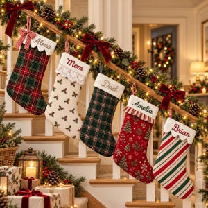 Custom Christmas Stocking with Embroidered Name, Gingham Fabric and Lace Ruffle Cuff