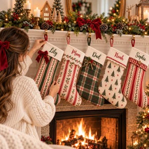Custom Christmas Stocking with Embroidered Name, Gingham Fabric and Lace Ruffle Cuff