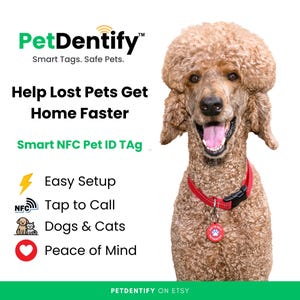 以下が含まれることがあります： 赤い首輪と赤い円形のPetIdentify NFCタグを付けた茶色のプードル。テキストには「PetIdentify Smart Tags. Safe Pets. Help Lost Pets Get Home Faster. Smart NFC Pet ID TAG. Easy Setup. Tap to Call. Dogs & Cats. Peace of Mind.」と記載されています。