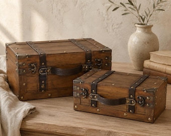 Baú de madeira vintage para tesouros, baú rústico para armazenamento com alça de couro sintético, caixa decorativa de madeira para guardar lembranças, decoração para casa em estilo antigo.