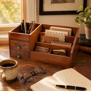 Schreibtisch-Organizer aus Holz, Vintage-Büroaufbewahrungsbox, Briefablage mit Schubladen, rustikaler Stiftehalter, Schreibtisch-Organizer
