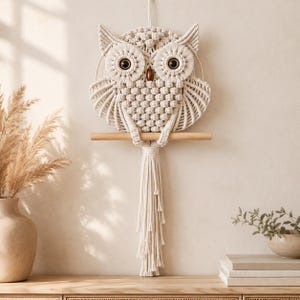May include: A cream-colored macrame owl wall hanging featuring intricate knotted cord patterns, two large dark circular eyes, a small brown wooden bead for a beak, and a long fringe tail suspended from a horizontal wooden dowel rod.