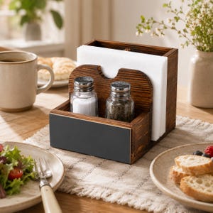 Wooden Salt and Pepper Holder, Napkin Organizer for Table, Rustic Condiment Caddy, Pine Wood Kitchen Counter Storage